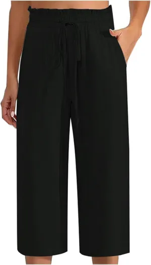 Women Cotton Linen Summer Boho Palazzo Pants Elastic Waist Bootcut Loose Fit Pant Trousers Business Work