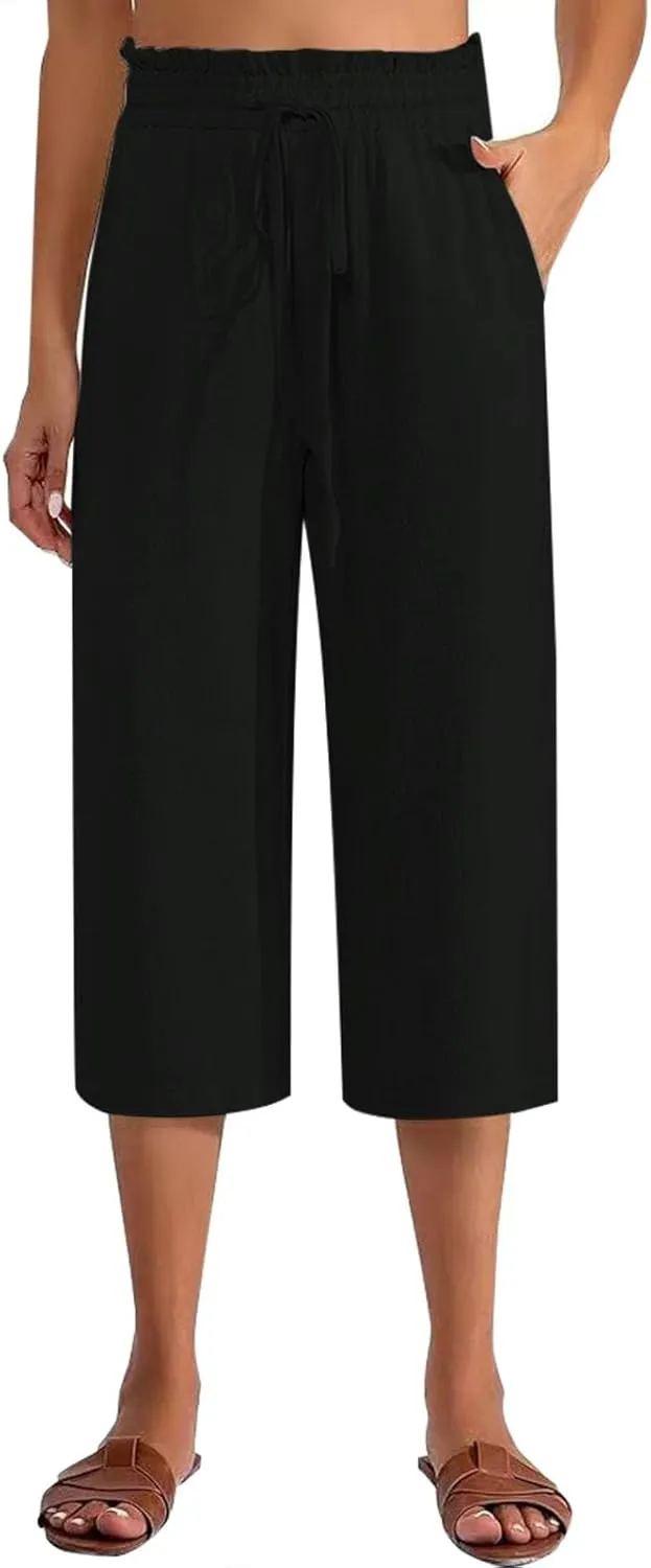 Women Cotton Linen Summer Boho Palazzo Pants Elastic Waist Bootcut Loose Fit Pant Trousers Business Work