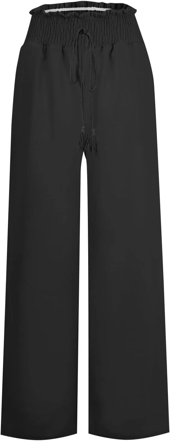 Women Cotton Linen Summer Casual Loose Palazzo Lounge Pants Elastic Waisted Stretchy Slim Fit Pant Trousers