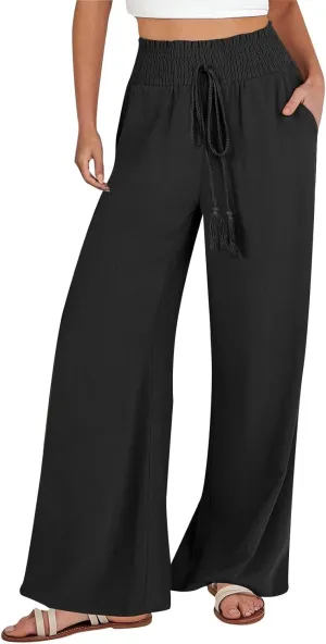 Women Cotton Linen Summer Casual Loose Palazzo Lounge Pants Elastic Waisted Stretchy Slim Fit Pant Trousers