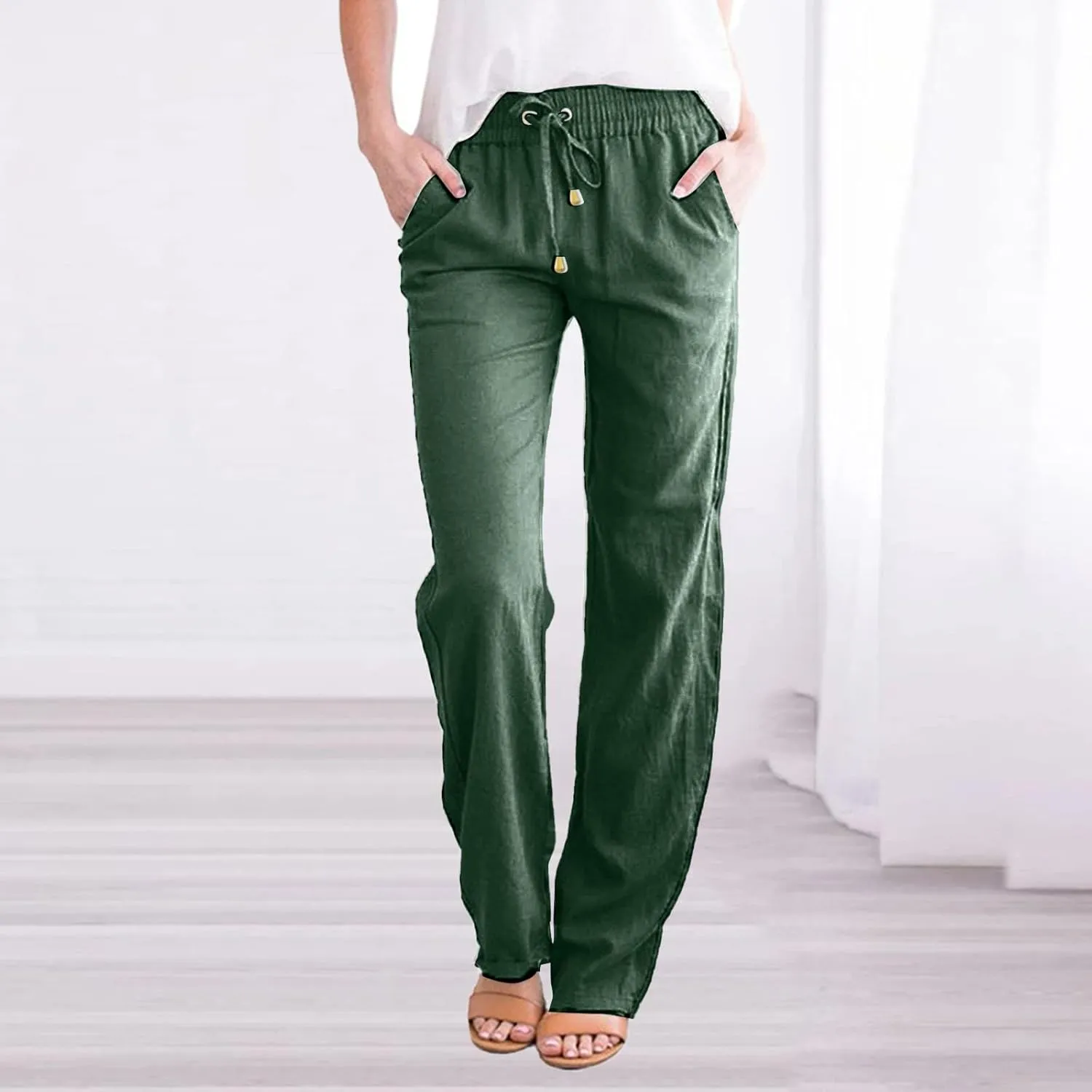 Women Cotton Linen Summer Fashion Pants Elastic Waist Wide Leg Loose Fit Palazzo Pants Beach
