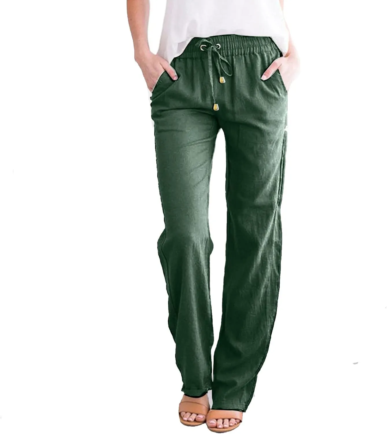 Women Cotton Linen Summer Fashion Pants Elastic Waist Wide Leg Loose Fit Palazzo Pants Beach
