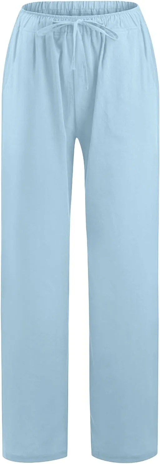 Women Cotton Linen Summer Floral Pants Elastic Waisted Bootcut Slim Fit Trouser Work Business