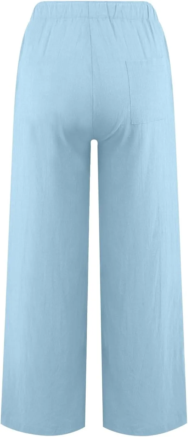 Women Cotton Linen Summer Floral Pants Elastic Waisted Bootcut Slim Fit Trouser Work Business