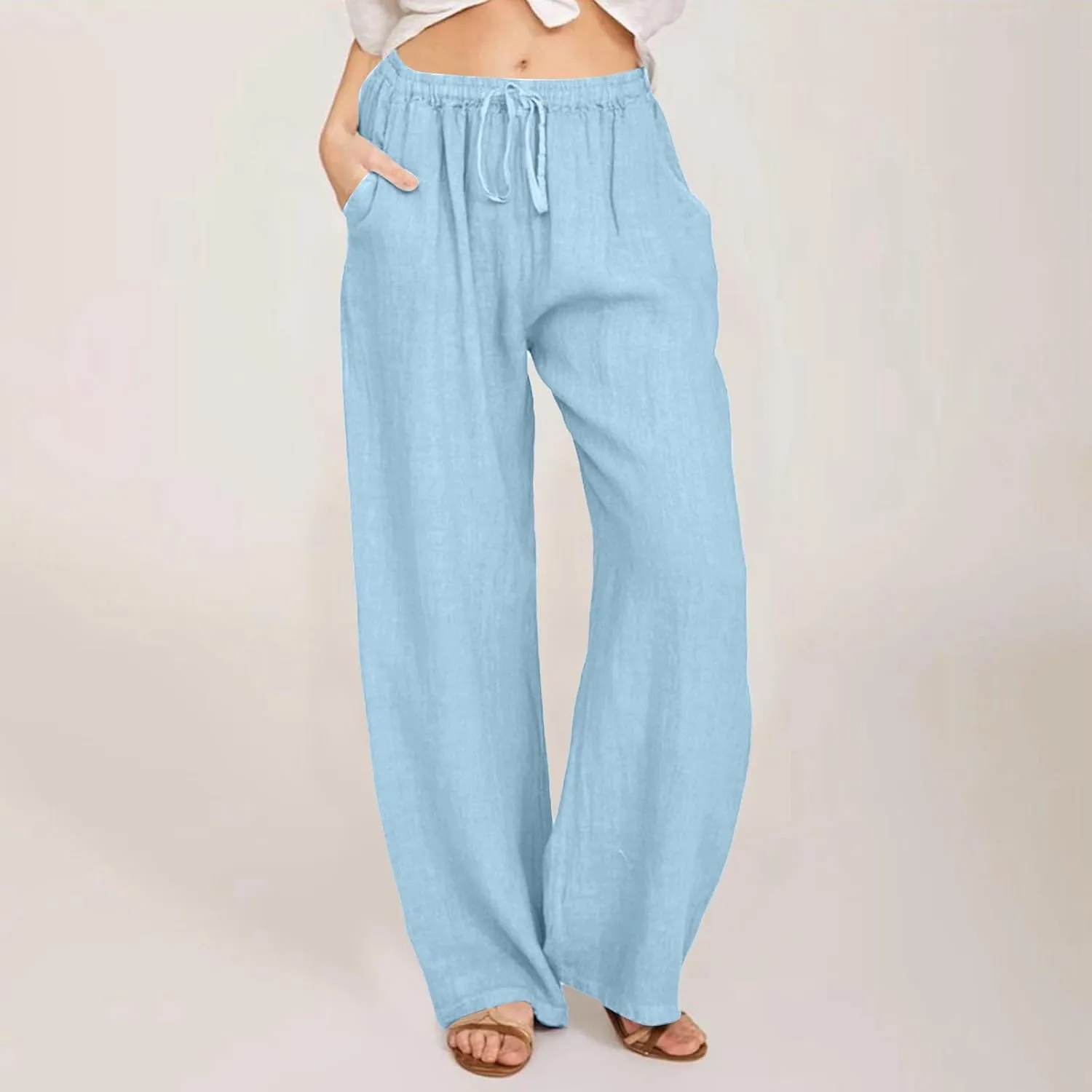 Women Cotton Linen Summer Floral Pants Elastic Waisted Bootcut Slim Fit Trouser Work Business