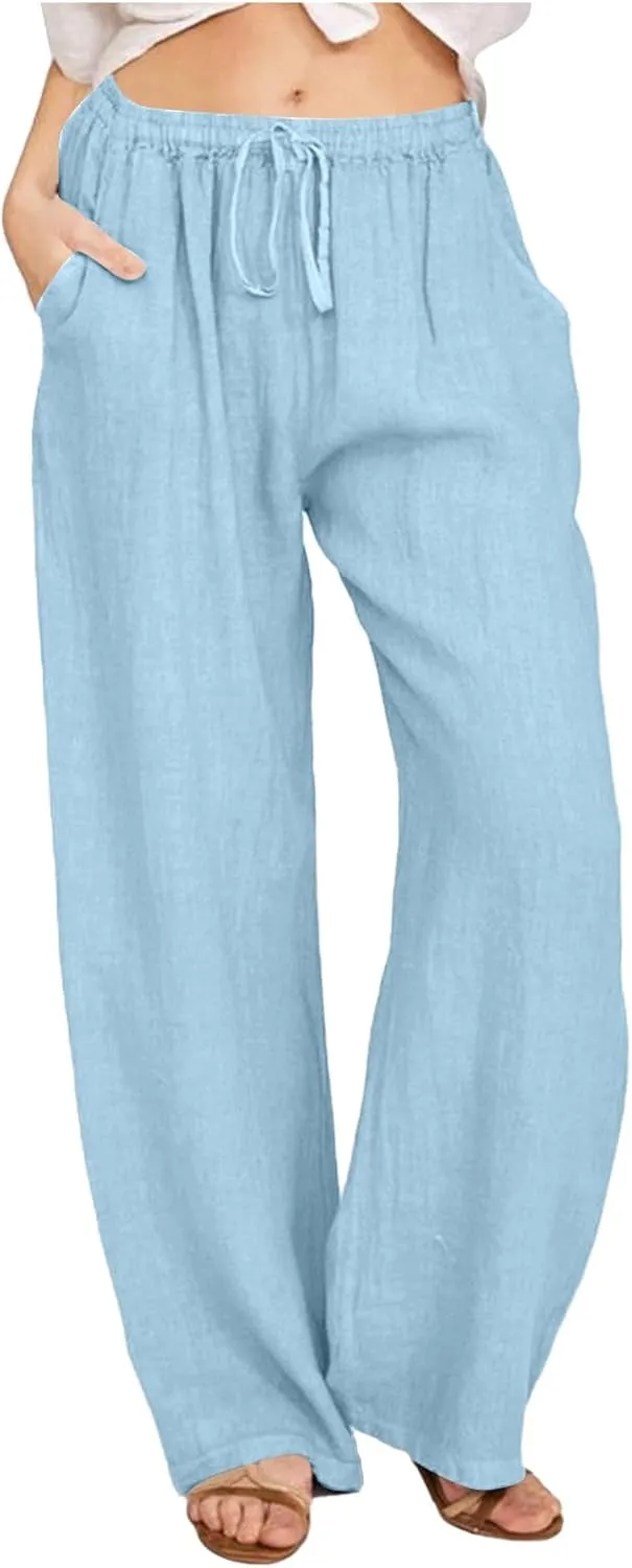 Women Cotton Linen Summer Floral Pants Elastic Waisted Bootcut Slim Fit Trouser Work Business