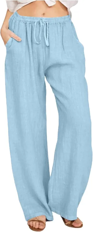 Women Cotton Linen Summer Floral Pants Elastic Waisted Bootcut Slim Fit Trouser Work Business