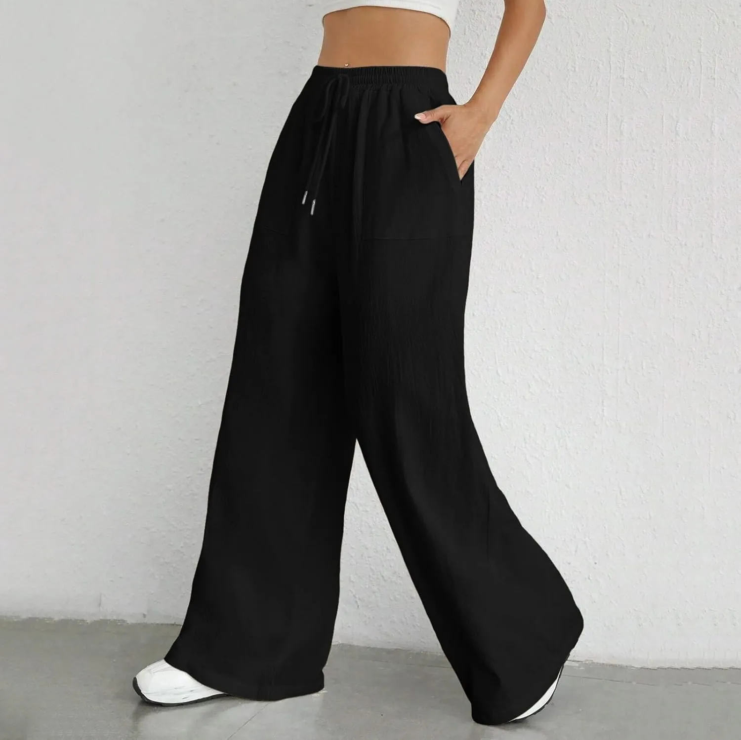 Women Cotton Linen Summer Y2K Fashion Pants Elastic Waist Wide Leg Loose Fit Palazzo Lounge Pants Beach