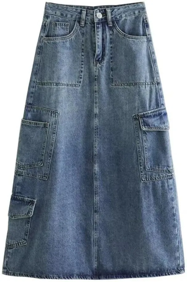 Women Denim Skirt High Waist Midi Skirts Jeans Long Skirt Holiday Skirts