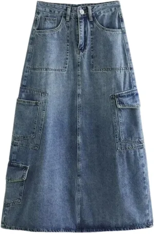 Women Denim Skirt High Waist Midi Skirts Jeans Long Skirt Holiday Skirts
