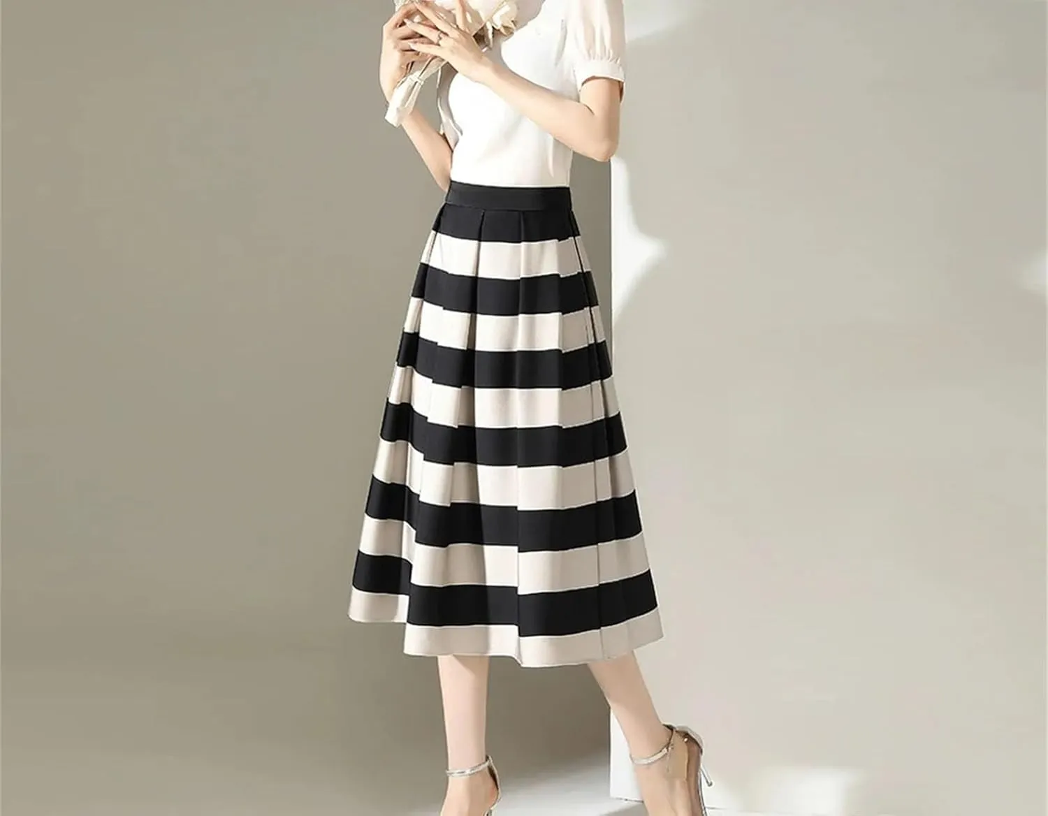 Women Elegant Striped High Waist A-Line Skirts Summer Vintage Casual Pleated Long Bodycon Skirts