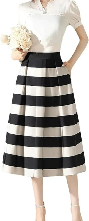 Women Elegant Striped High Waist A-Line Skirts Summer Vintage Casual Pleated Long Bodycon Skirts