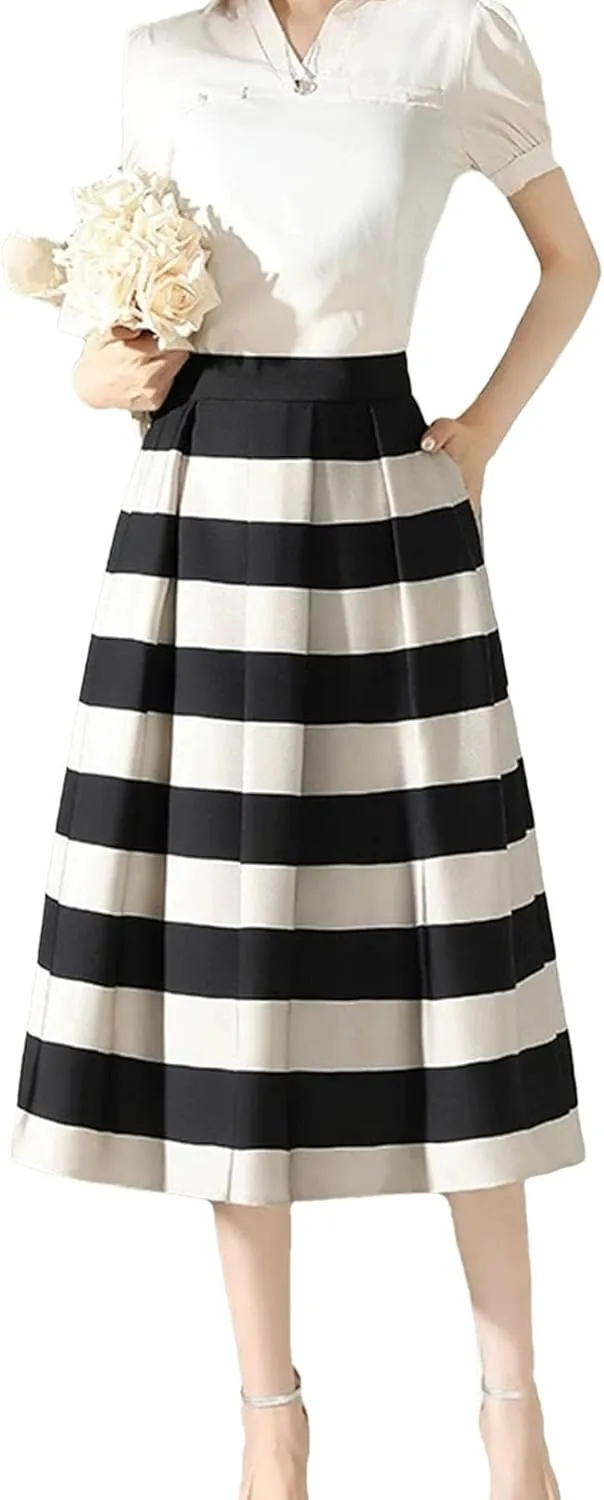 Women Elegant Striped High Waist A-Line Skirts Summer Vintage Casual Pleated Long Bodycon Skirts