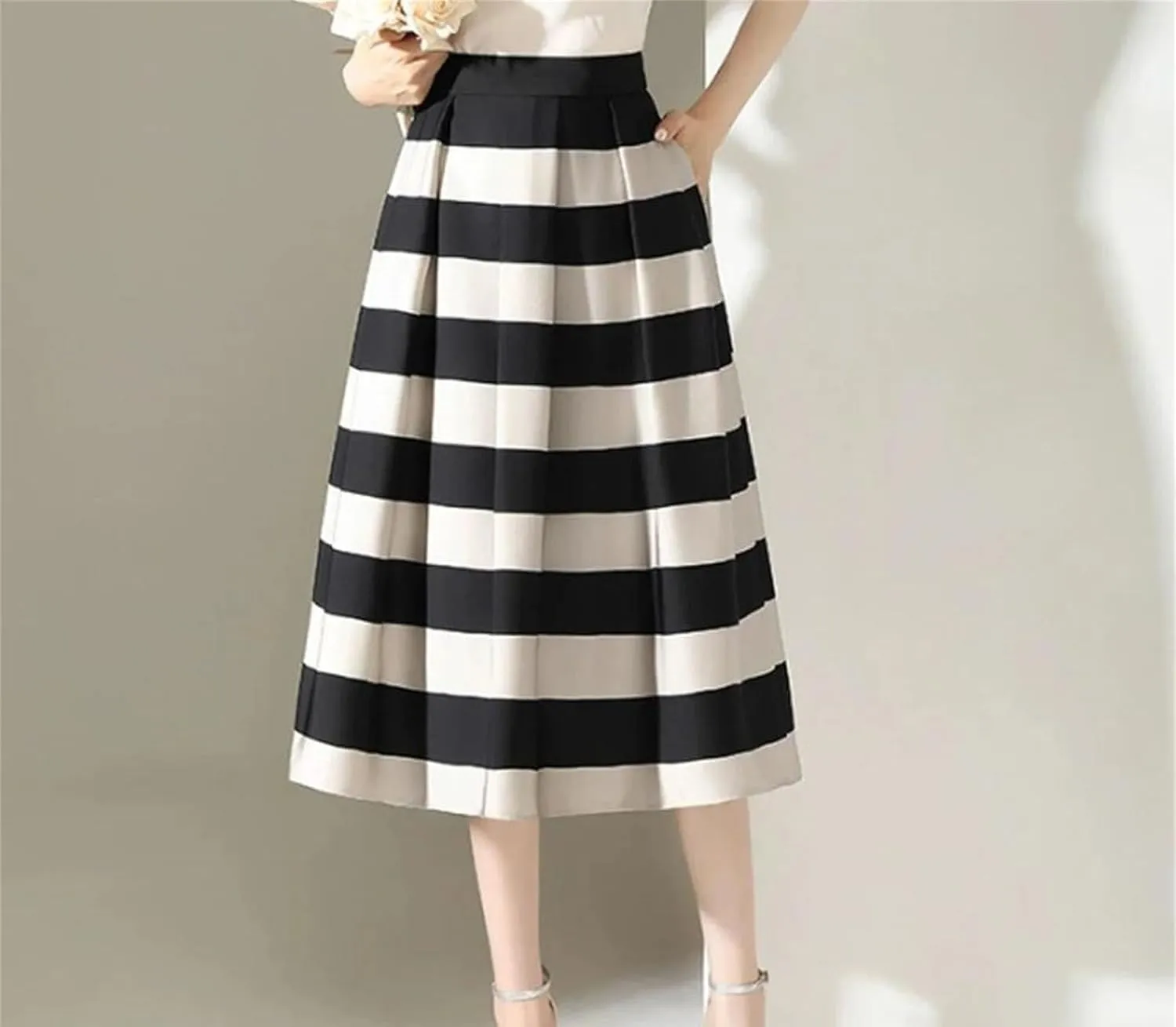 Women Elegant Striped High Waist A-Line Skirts Summer Vintage Casual Pleated Long Bodycon Skirts