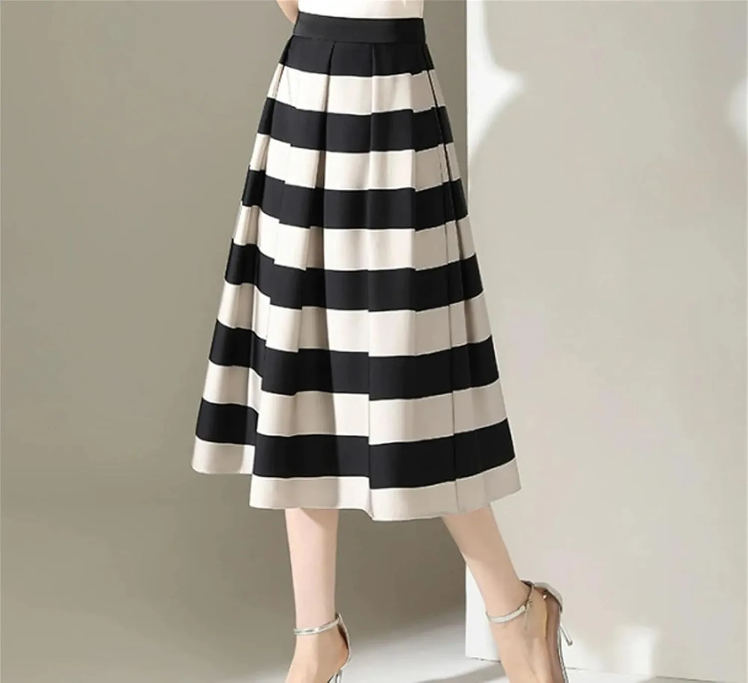 Women Elegant Striped High Waist A-Line Skirts Summer Vintage Casual Pleated Long Bodycon Skirts