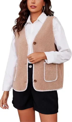Women Fleece Lightweight Vest V Neck Open Front Button Down Sleeveless Casual Warm Sherpa Outwear with Pockets