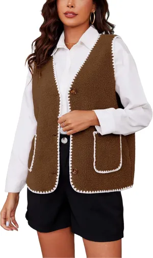 Women Fleece Lightweight Vest V Neck Open Front Button Down Sleeveless Casual Warm Sherpa Outwear with Pockets
