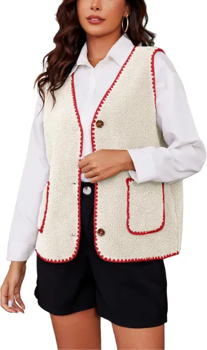Women Fleece Lightweight Vest V Neck Open Front Button Down Sleeveless Casual Warm Sherpa Outwear with Pockets