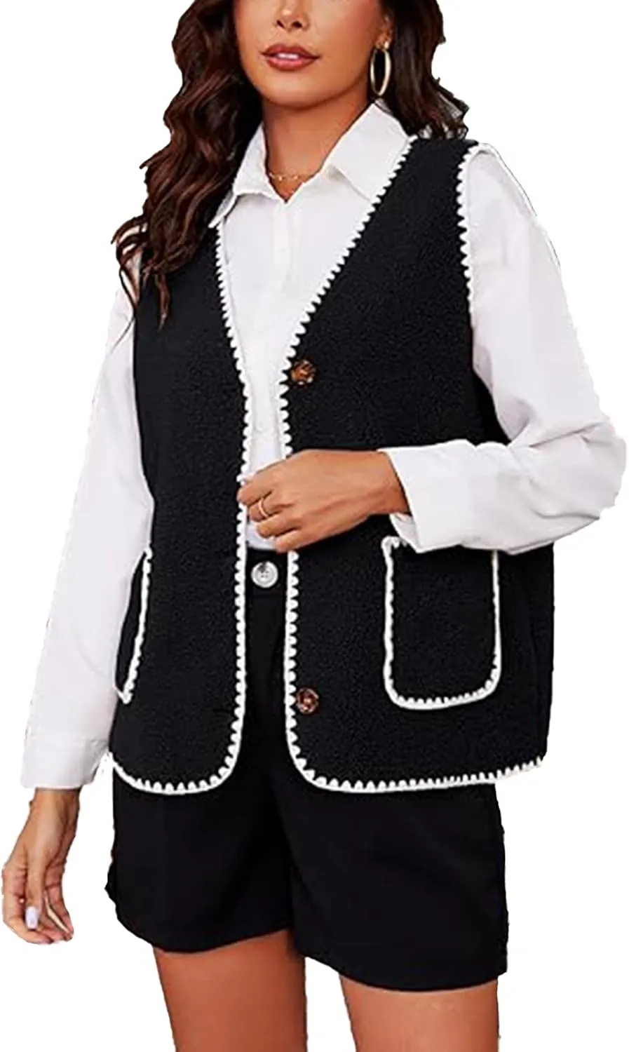 Women Fleece Lightweight Vest V Neck Open Front Button Down Sleeveless Casual Warm Sherpa Outwear with Pockets