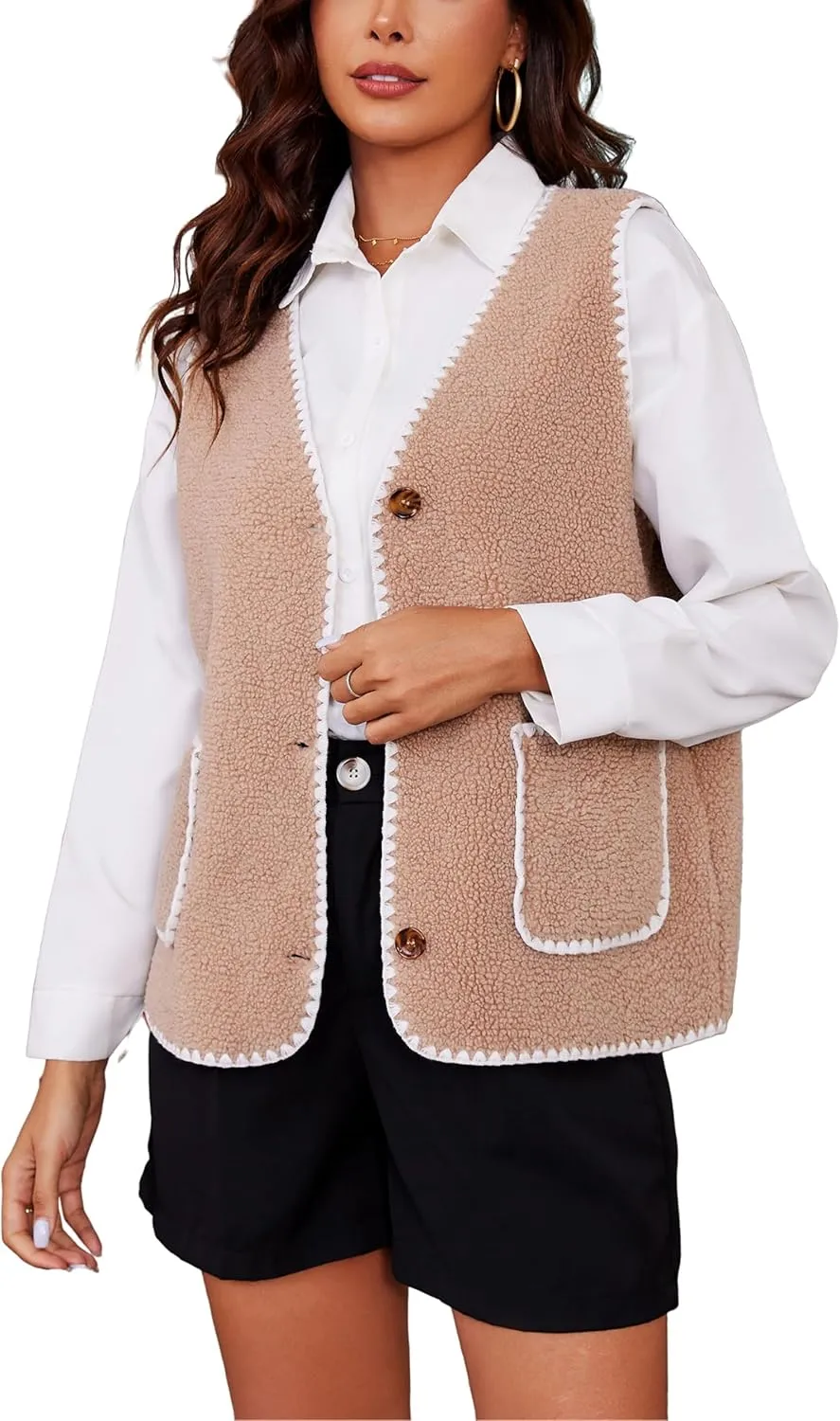 Women Fleece Lightweight Vest V Neck Open Front Button Down Sleeveless Casual Warm Sherpa Outwear with Pockets