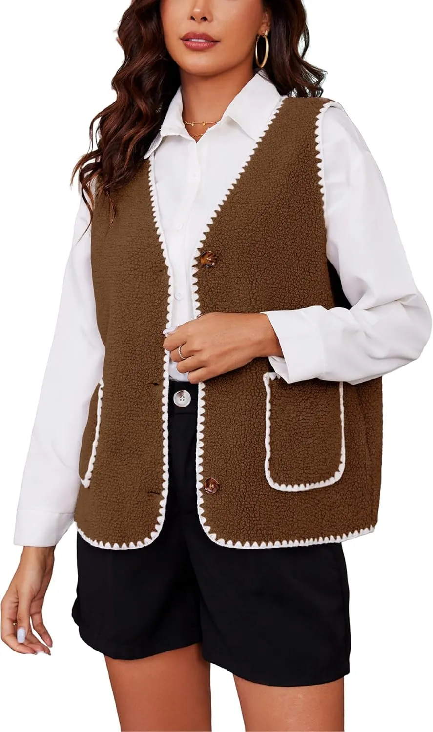 Women Fleece Lightweight Vest V Neck Open Front Button Down Sleeveless Casual Warm Sherpa Outwear with Pockets