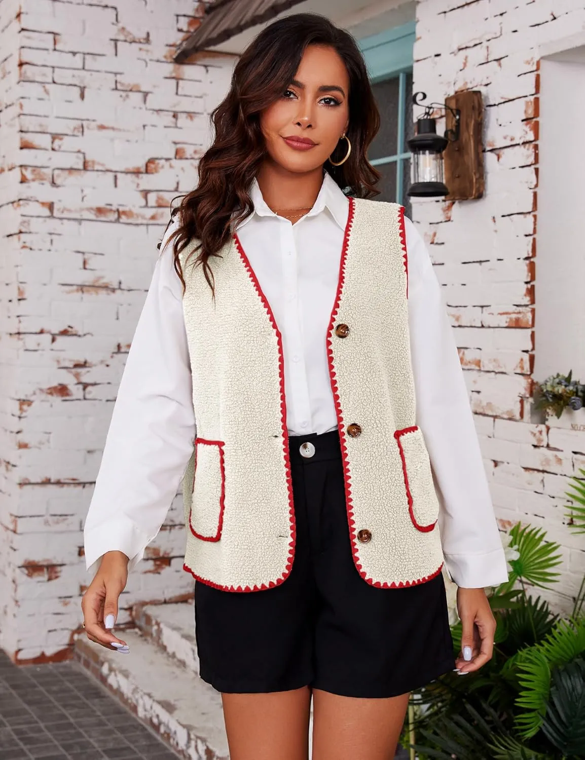 Women Fleece Lightweight Vest V Neck Open Front Button Down Sleeveless Casual Warm Sherpa Outwear with Pockets