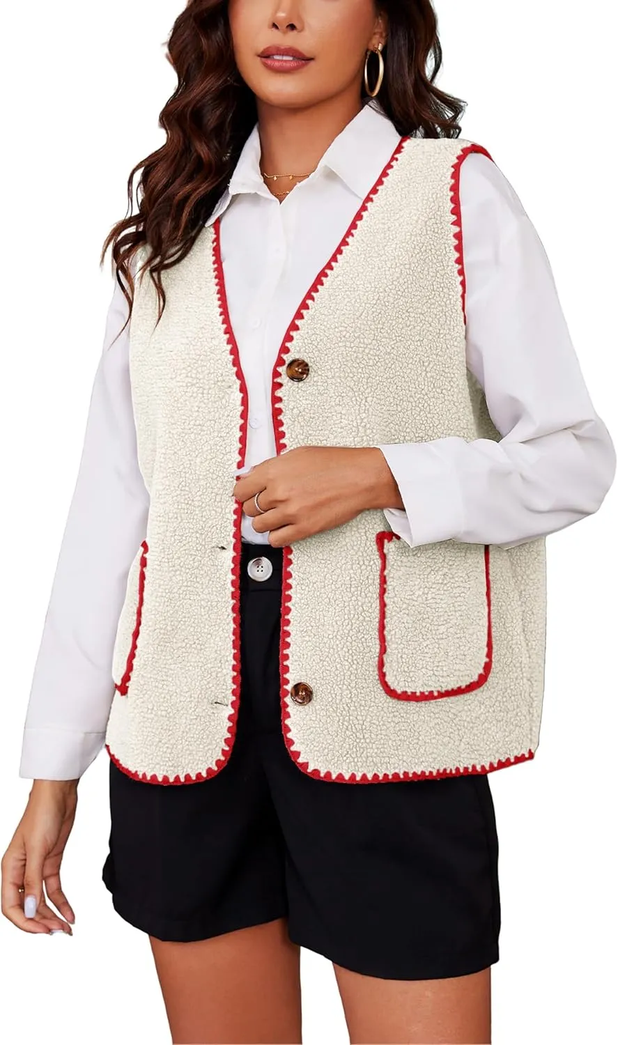 Women Fleece Lightweight Vest V Neck Open Front Button Down Sleeveless Casual Warm Sherpa Outwear with Pockets