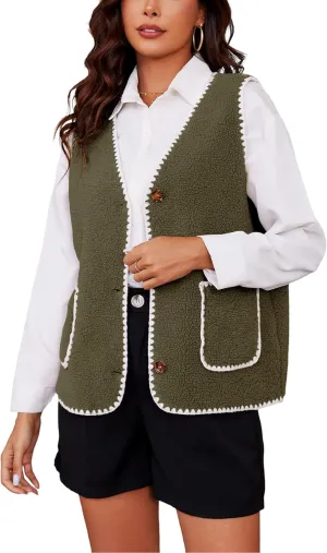 Women Fleece Lightweight Vest V Neck Open Front Button Down Sleeveless Casual Warm Sherpa Outwear with Pockets
