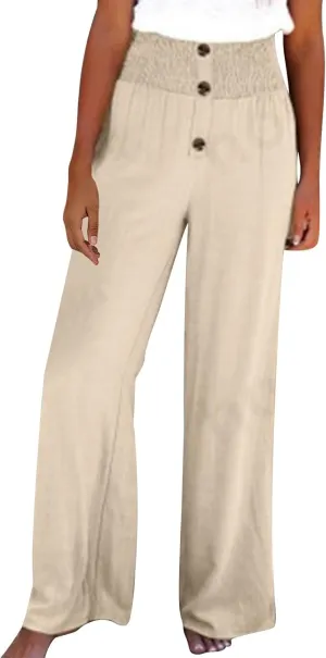 Women Flowy Palazzo Pants Cotton Linen Wide Leg Pant Long Lounge Beach Slacks Smocked High Waist Button Trousers