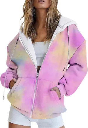 Women Full Zip Up Hoodies Long Sleeve Drawstring Oversized Coat E-Girl Harajuku Jackets Coat with Pockets