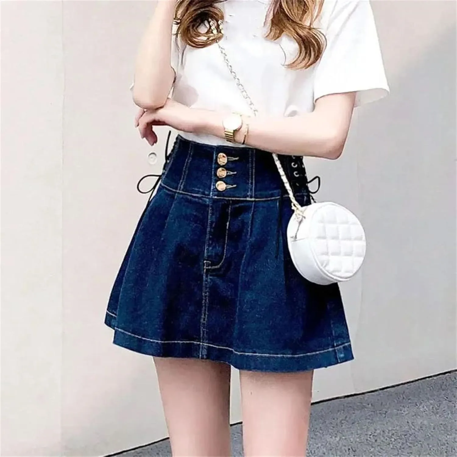 Women High Waisted Denim Short Skirts Fashion Lace-Up A-Line Skirt Casual All-Match Pleated Skirts