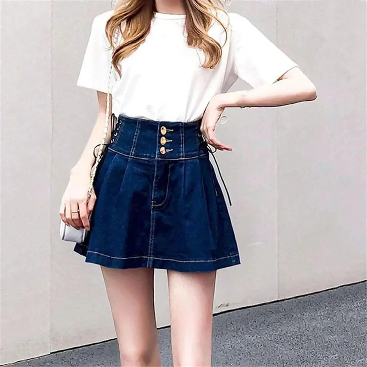 Women High Waisted Denim Short Skirts Fashion Lace-Up A-Line Skirt Casual All-Match Pleated Skirts