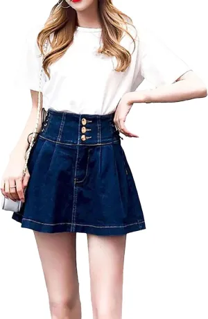 Women High Waisted Denim Short Skirts Fashion Lace-Up A-Line Skirt Casual All-Match Pleated Skirts
