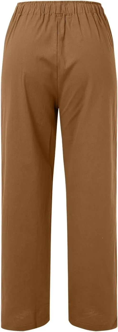 Women High Waisted Wide Leg Pants Fashion Drawstring Elastic Trousers Comfy Straight Leg Long Pants with Pockets