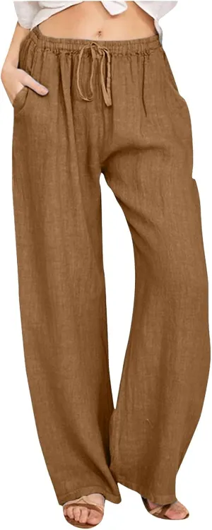 Women High Waisted Wide Leg Pants Fashion Drawstring Elastic Trousers Comfy Straight Leg Long Pants with Pockets