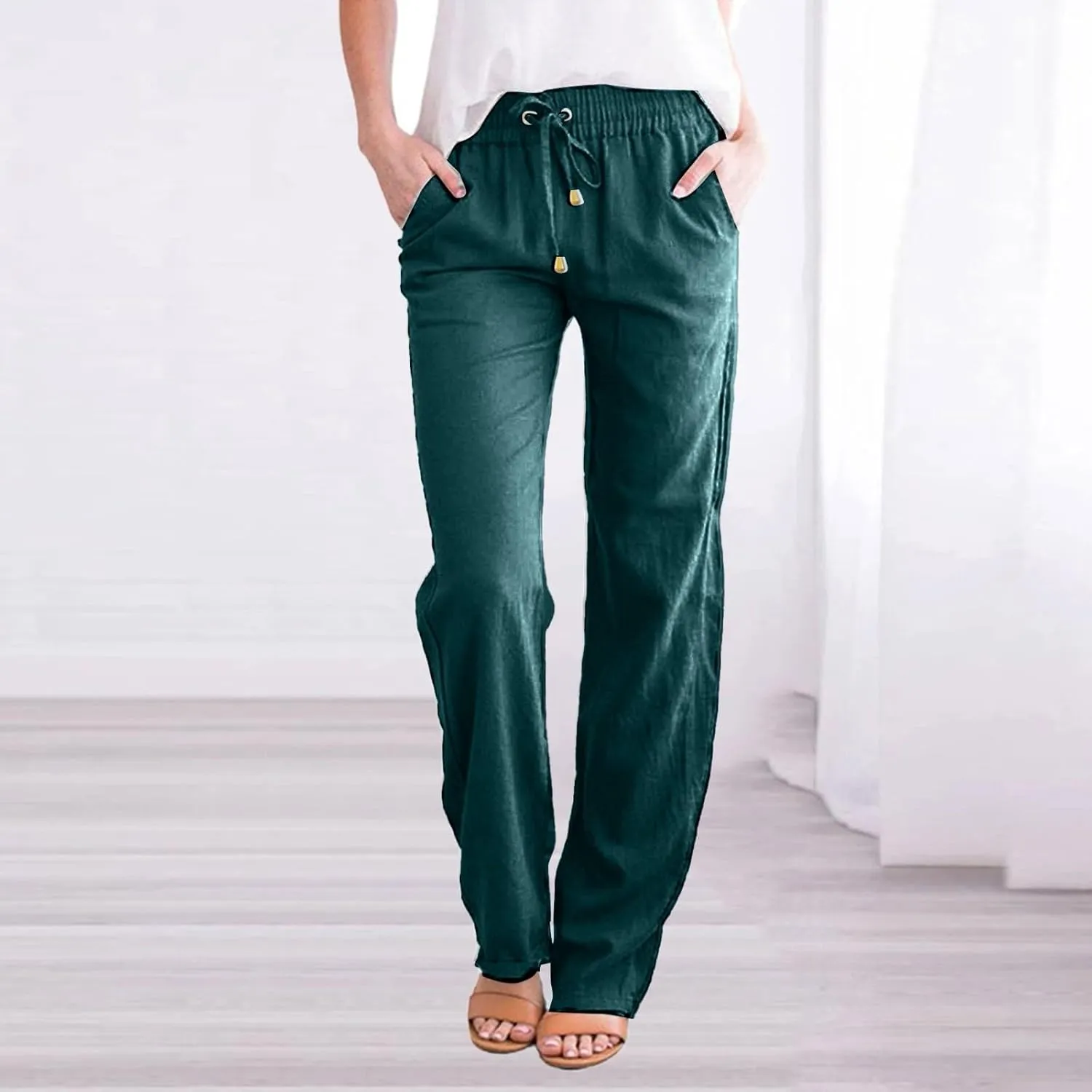 Women Linen Blend Summer Drawstring Palazzo Lounge Pants Low Waist Ankle Length Plus Size Pant Trousers Trendy