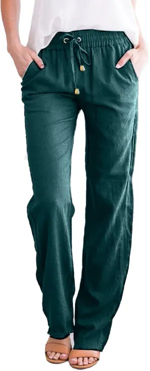 Women Linen Blend Summer Drawstring Palazzo Lounge Pants Low Waist Ankle Length Plus Size Pant Trousers Trendy