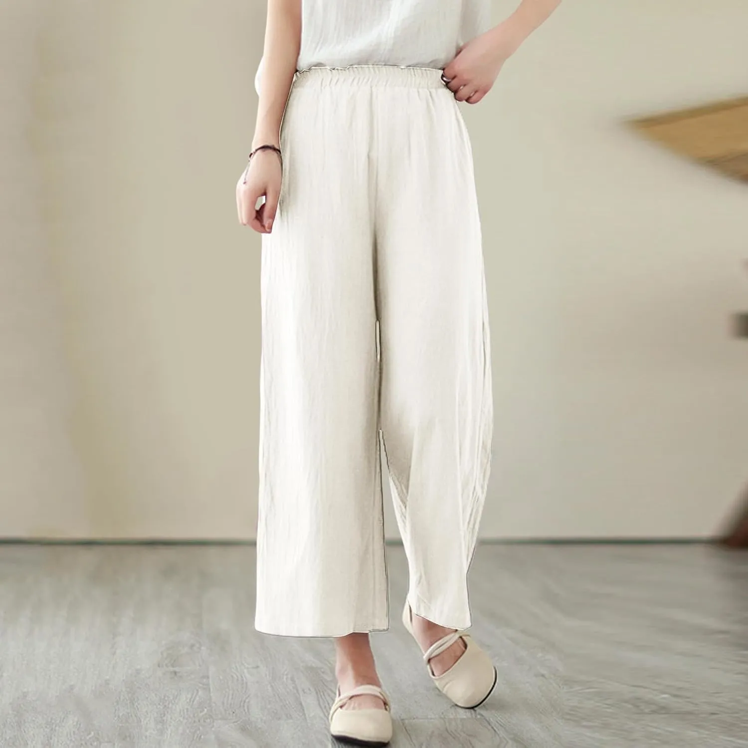 Women Linen Blend Summer Floral Pant Trousers Low Waist Baggy Stretchy Slim-Fit Pants Beach