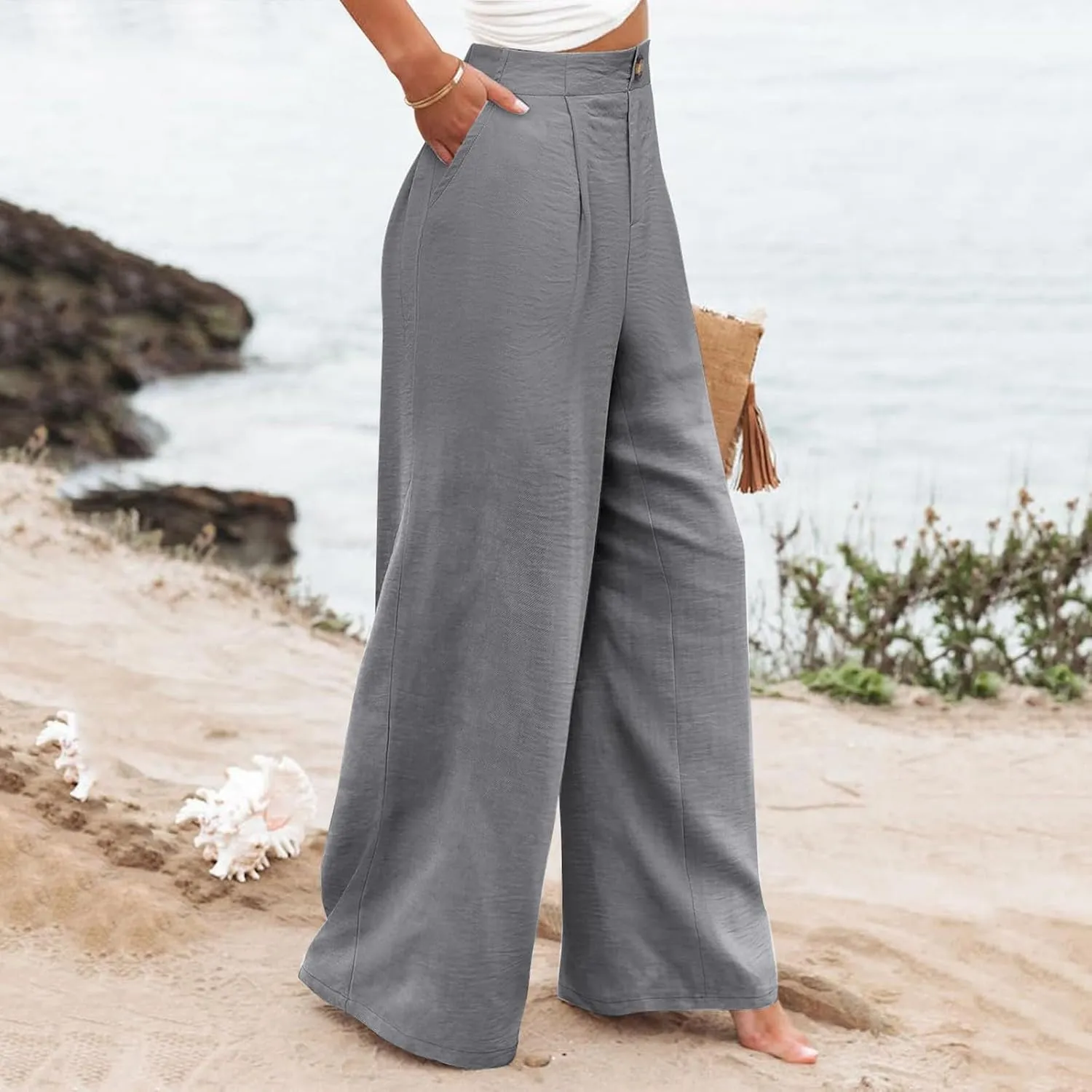 Women Linen Blend Summer Floral Pant Trousers Low Waist Baggy Stretchy Slim-Fit Pants Beach