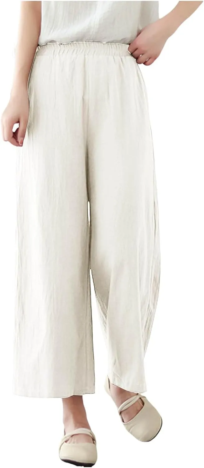 Women Linen Blend Summer Floral Pant Trousers Low Waist Baggy Stretchy Slim-Fit Pants Beach