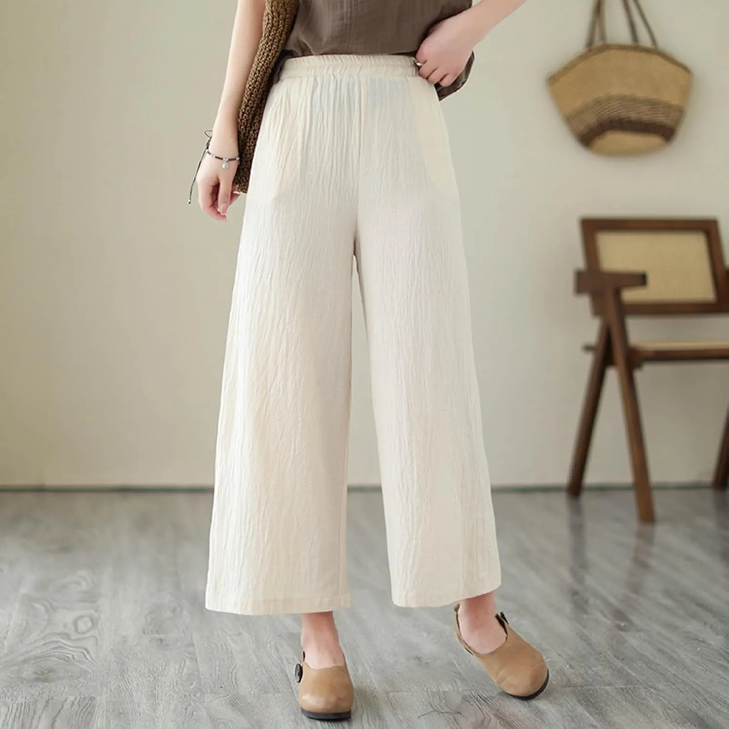 Women Linen Blend Summer Floral Pant Trousers Low Waist Baggy Stretchy Slim-Fit Pants Beach