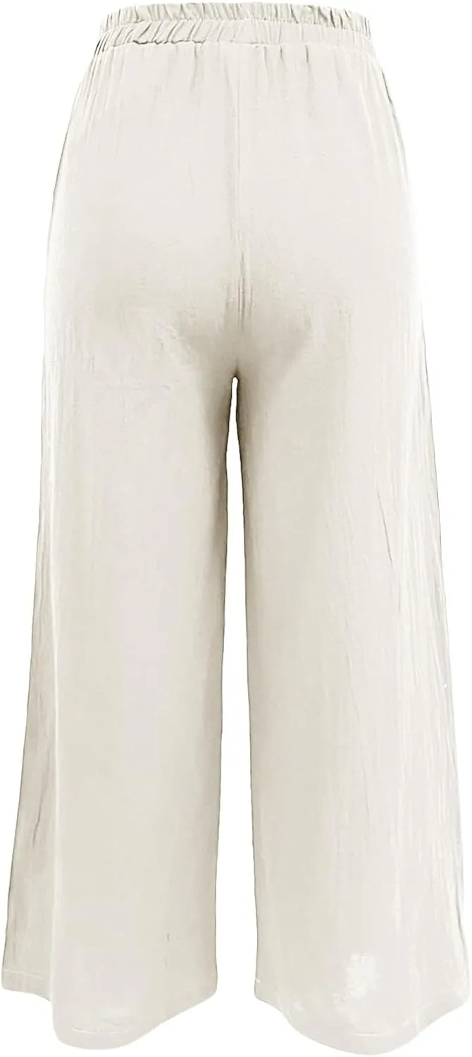 Women Linen Blend Summer Floral Pant Trousers Low Waist Baggy Stretchy Slim-Fit Pants Beach
