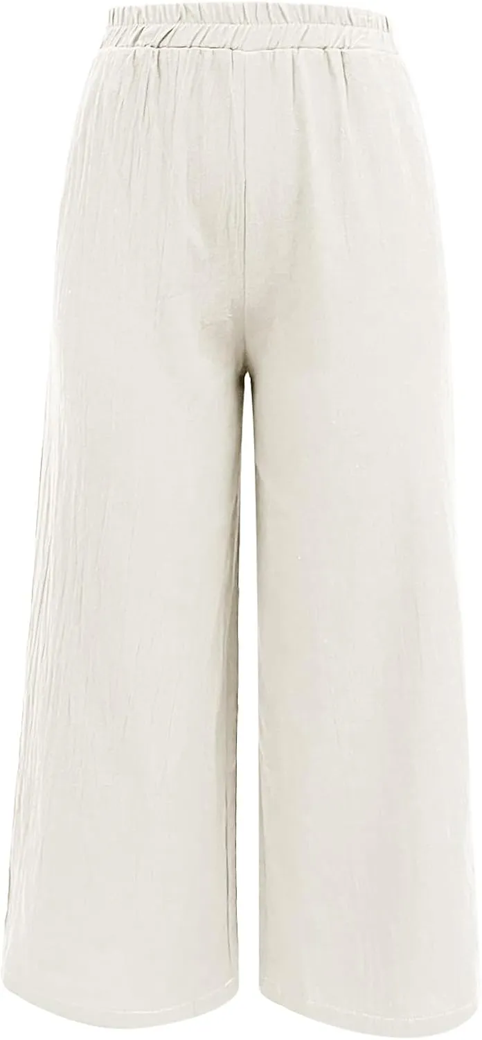 Women Linen Blend Summer Floral Pant Trousers Low Waist Baggy Stretchy Slim-Fit Pants Beach