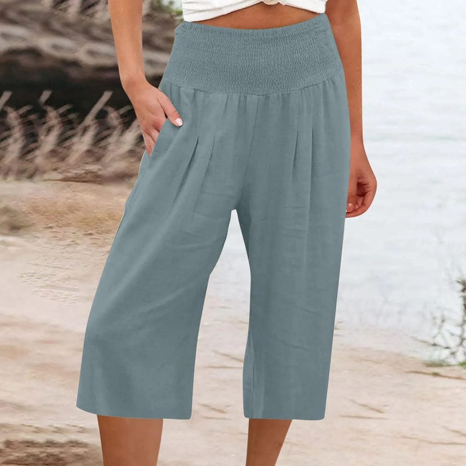Women Linen Blend Summer Loose Pants Low Waist Baggy Stretchy Slim Fit Pant Trousers Business Work