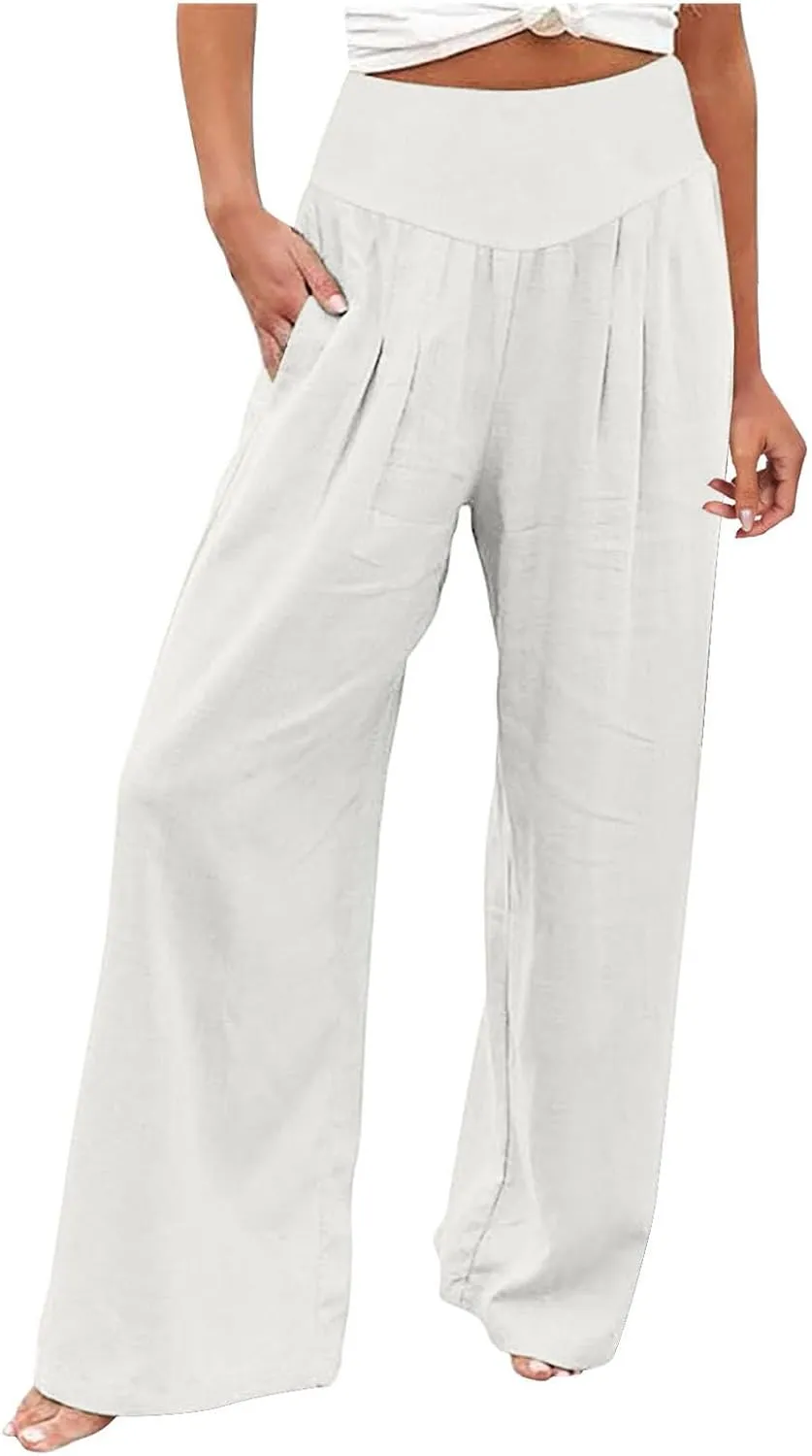 Women Linen Blend Summer Palazzo Pant Trousers Elastic Waist Ankle Length Slim-Fit Palazzo Pants Travel