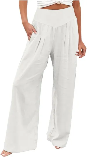 Women Linen Blend Summer Palazzo Pant Trousers Elastic Waist Ankle Length Slim-Fit Palazzo Pants Travel