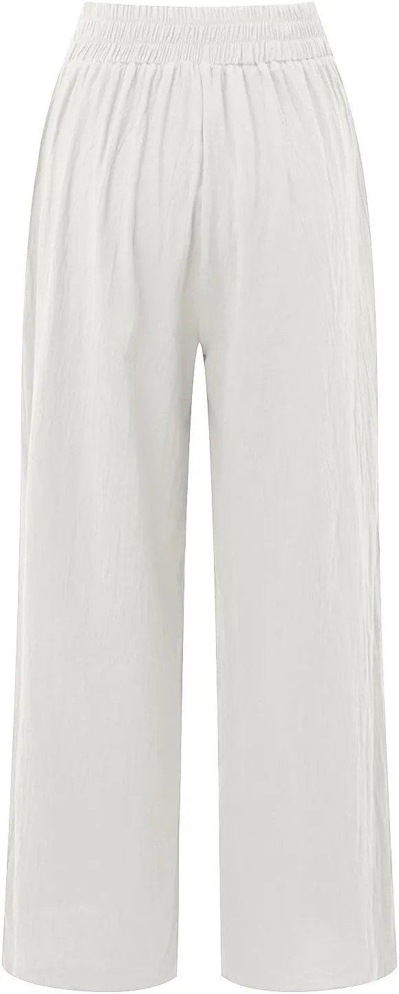 Women Linen Blend Summer Palazzo Pant Trousers Elastic Waist Ankle Length Slim-Fit Palazzo Pants Travel