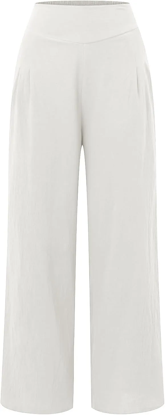 Women Linen Blend Summer Palazzo Pant Trousers Elastic Waist Ankle Length Slim-Fit Palazzo Pants Travel