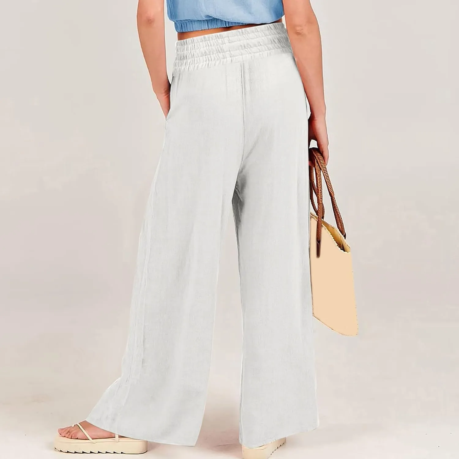 Women Linen Blend Summer Palazzo Pant Trousers Elastic Waist Ankle Length Slim-Fit Palazzo Pants Travel
