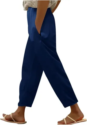 Women Linen Blend Summer Print Pant Trousers Low Waist Straight Loose Fit Pant Trousers Travel